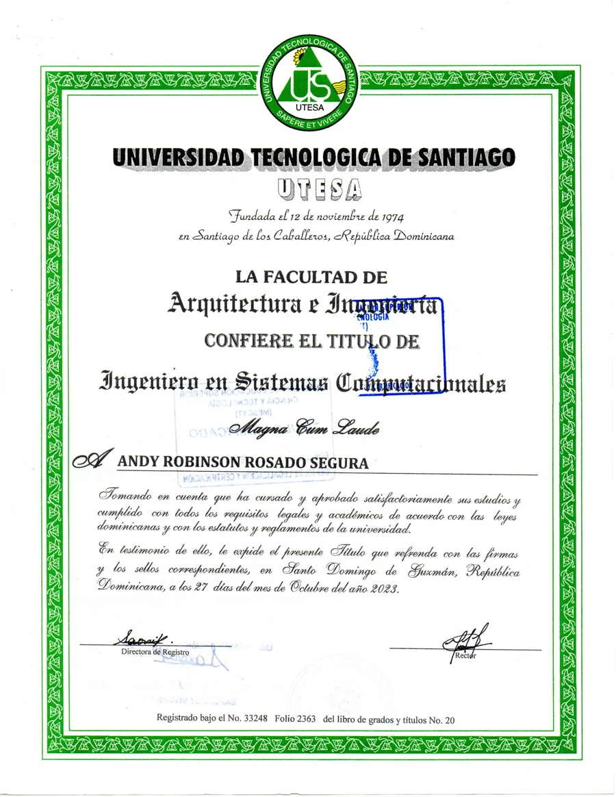 Título de Ingeniero en Sistemas Computacionales, UTESA, a nombre de Andy Robinson Rosado Segura
