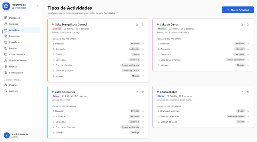 Church Program Manager — Configuración de tipos de actividades y formato de programa
