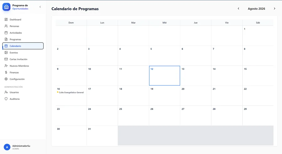Church Program Manager — Calendario de programas