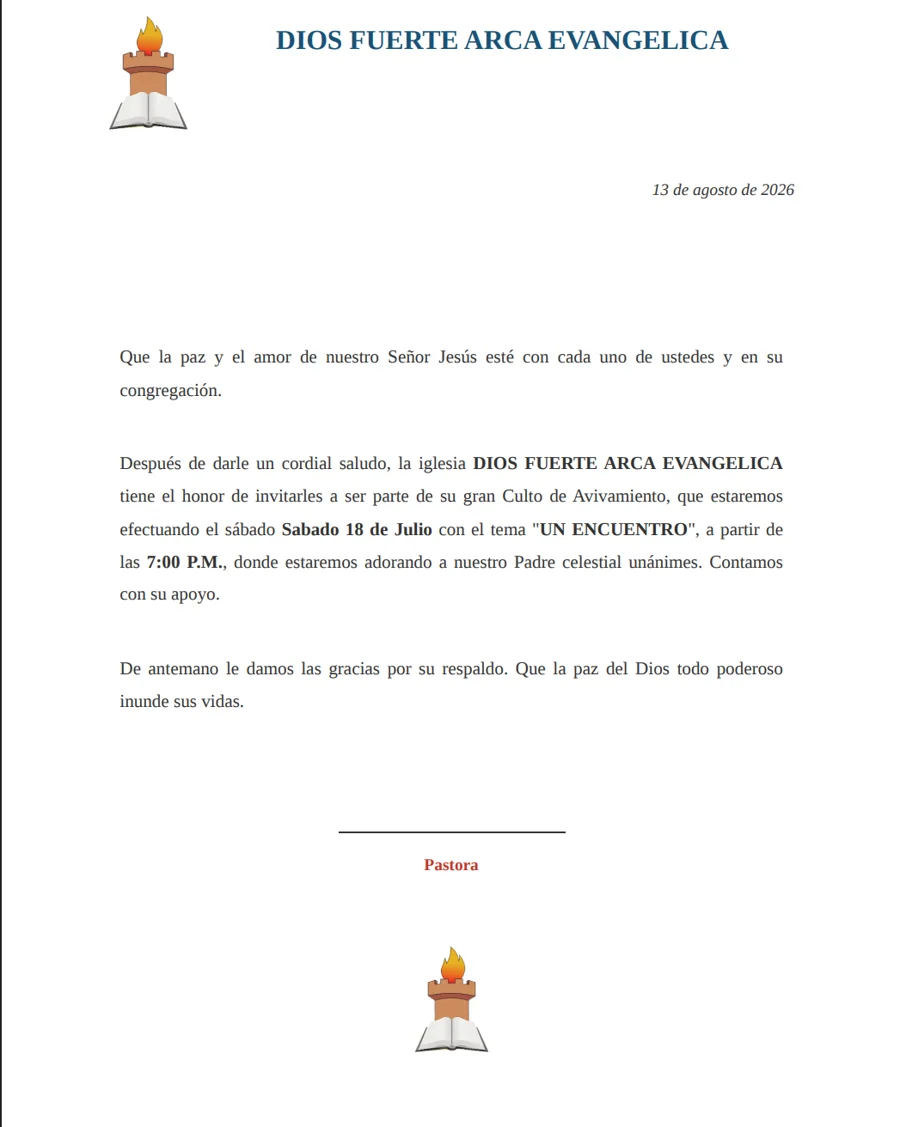 Church Program Manager — PDF de carta de invitación con membrete de la iglesia