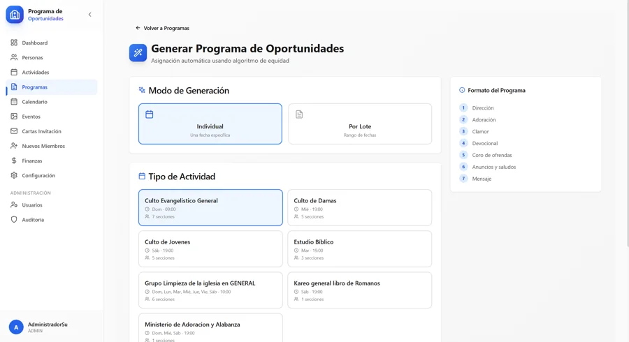 Church Program Manager — Generación automática de programa con el AssignmentEngine